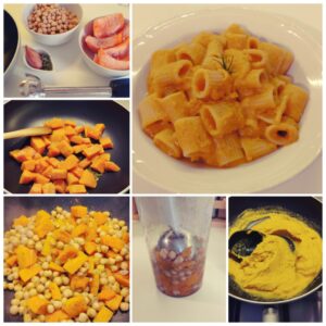 I vari step per preparare la pasta con crema di ceci e zucca